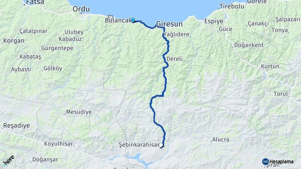 Giresun Bulancak Şebinkarahisar Arası Kaç Km - Yol Haritası