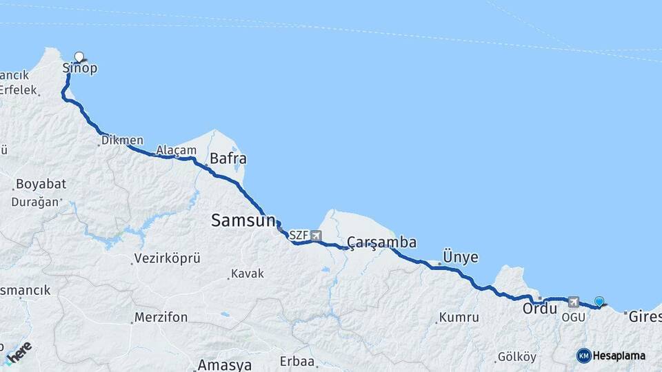 Giresun Bulancak Sinop Arası Kaç Km - Yol Haritası