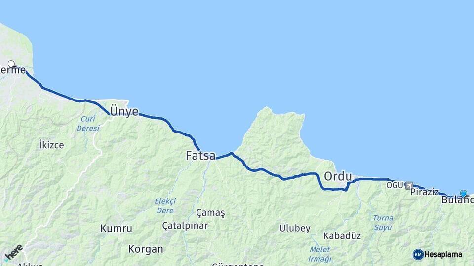 Giresun Bulancak Terme Samsun Arası Kaç Km - Yol Haritası