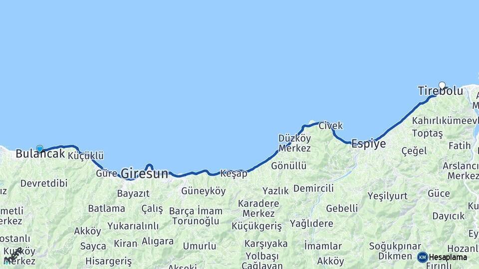 Giresun Bulancak Tirebolu Arası Kaç Km - Yol Haritası