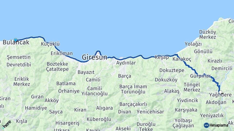 Giresun Bulancak Yağlıdere Arası Kaç Km - Yol Haritası