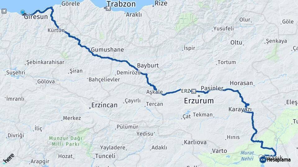 Giresun Bulanık Muş Arası Kaç Km - Yol Haritası