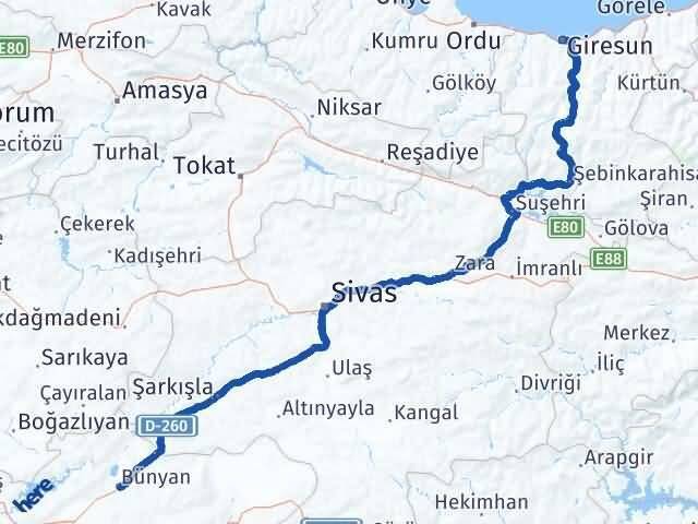 Giresun Bünyan Kayseri Arası Kaç Km - Yol Haritası