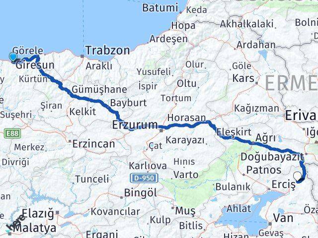 Giresun Çaldıran Van Arası Kaç Km - Yol Haritası