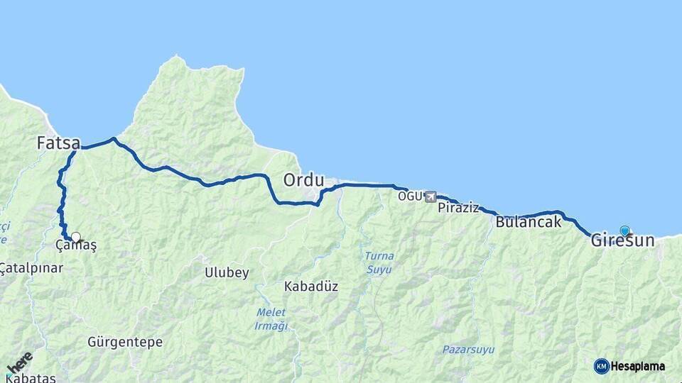 Giresun Çamaş Ordu Arası Kaç Km - Yol Haritası