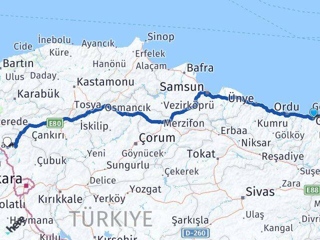 Giresun Çamlıdere Ankara Arası Kaç Km - Yol Haritası
