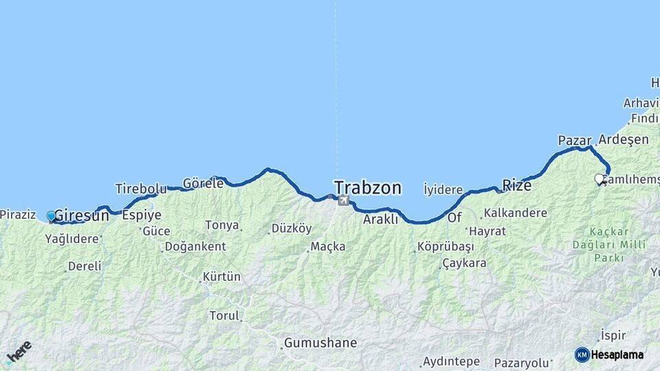 Giresun Çamlıhemşin Rize Arası Kaç Km - Yol Haritası