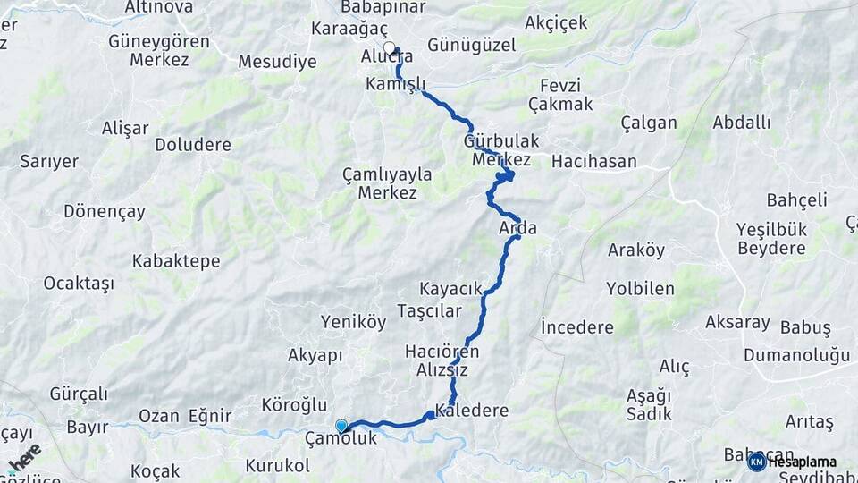 Giresun Çamoluk Alucra Arası Kaç Km - Yol Haritası