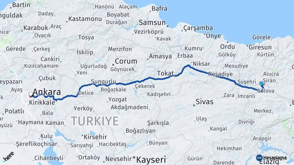 Giresun Çamoluk Ankara Arası Kaç Km - Yol Haritası