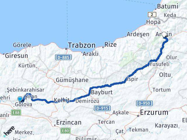 Giresun Çamoluk Artvin Arası Kaç Km - Yol Haritası