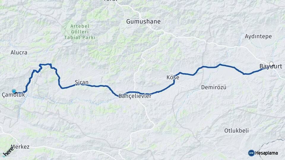 Giresun Çamoluk Bayburt Arası Kaç Km - Yol Haritası