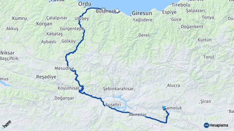 Giresun Çamoluk Bulancak Arası Kaç Km - Yol Haritası