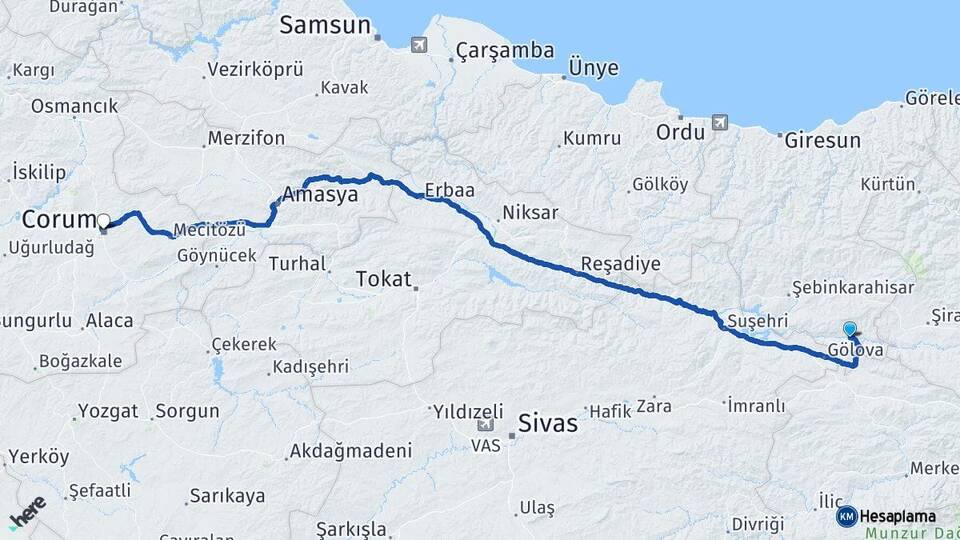 Giresun Çamoluk Çorum Arası Kaç Km - Yol Haritası
