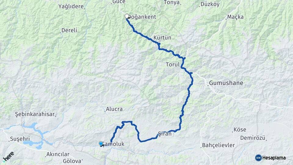 Giresun Çamoluk Doğankent Arası Kaç Km - Yol Haritası