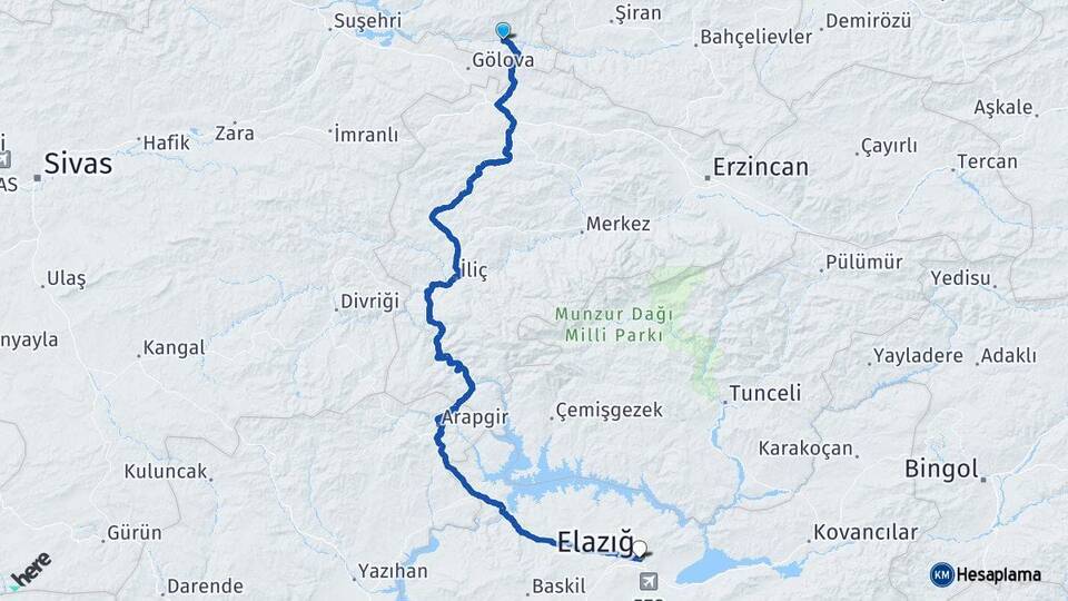 Giresun Çamoluk Elazığ Arası Kaç Km - Yol Haritası