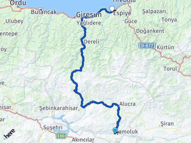 Giresun Çamoluk Espiye Arası Kaç Km - Yol Haritası