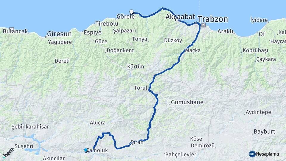 Giresun Çamoluk Eynesil Arası Kaç Km - Yol Haritası