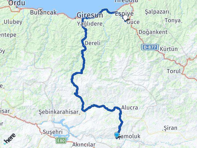 Giresun Çamoluk Güce Arası Kaç Km - Yol Haritası