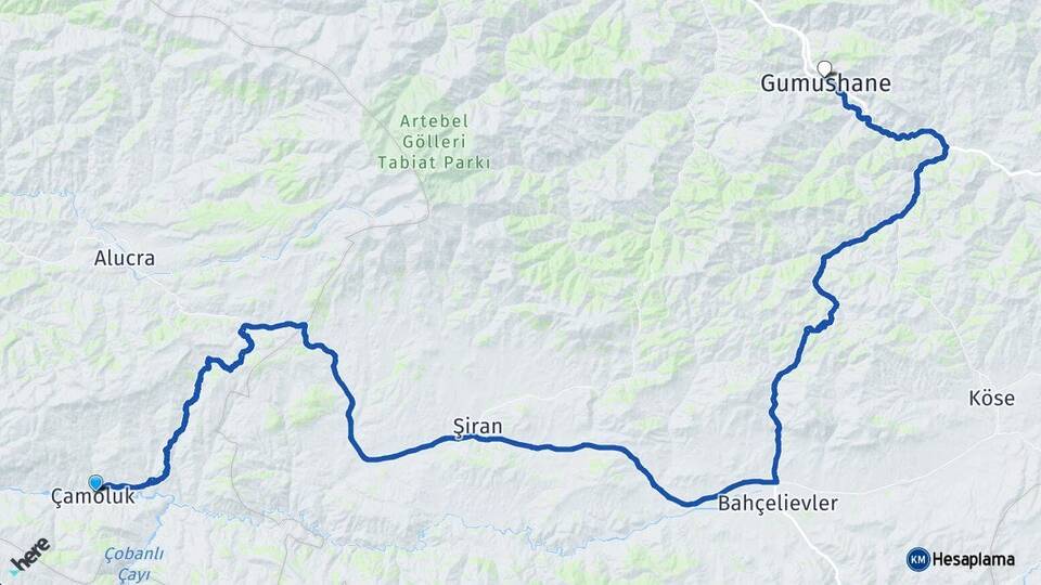 Giresun Çamoluk Gümüşhane Arası Kaç Km - Yol Haritası