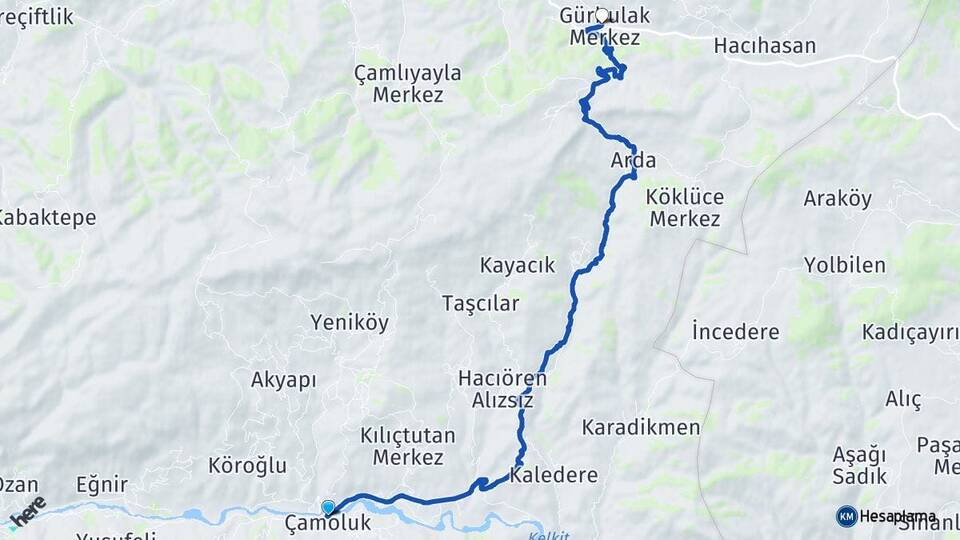 Giresun Çamoluk Gürbulak Alucra Arası Kaç Km - Yol Haritası