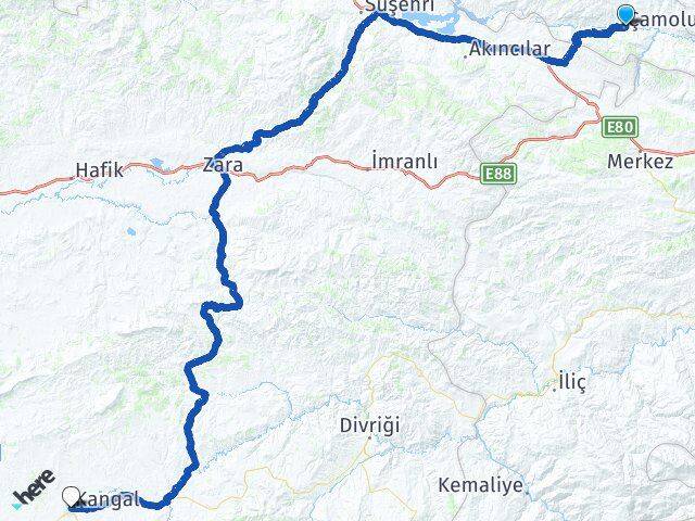 Giresun Çamoluk Kangal Sivas Arası Kaç Km - Yol Haritası
