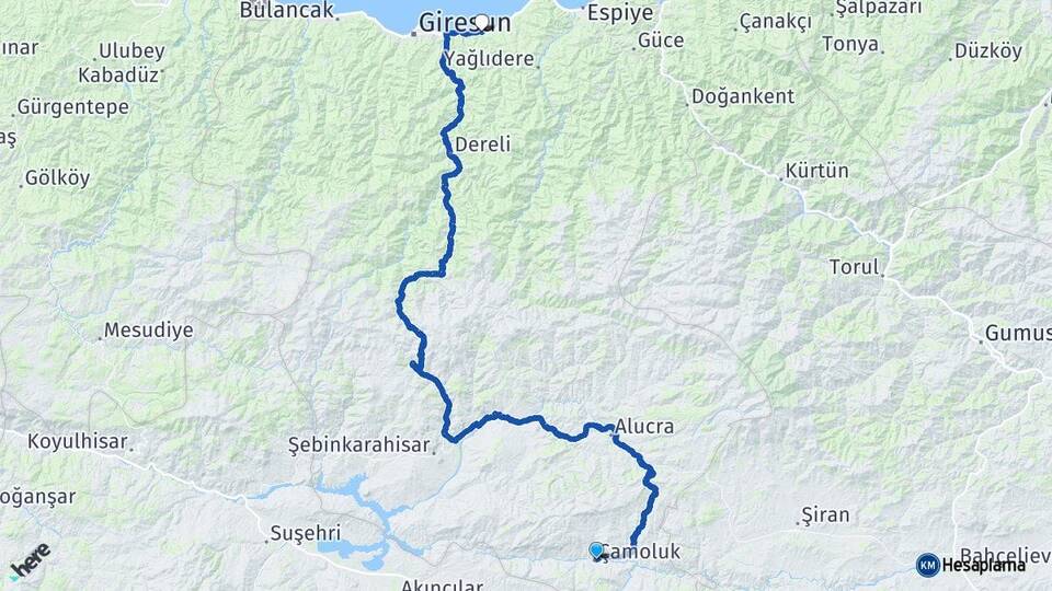 Giresun Çamoluk Keşap Arası Kaç Km - Yol Haritası