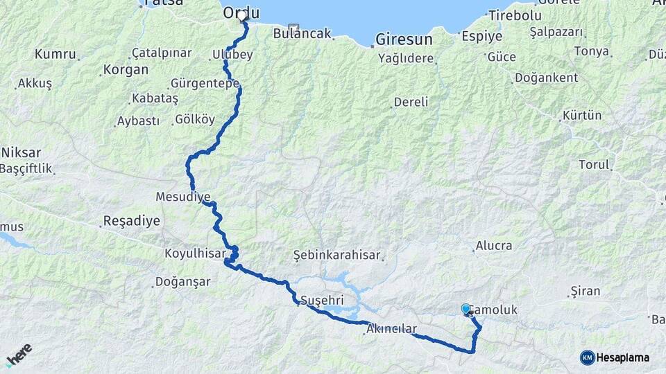 Giresun Çamoluk Ordu Arası Kaç Km - Yol Haritası