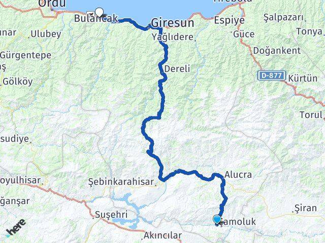 Giresun Çamoluk Piraziz Arası Kaç Km - Yol Haritası
