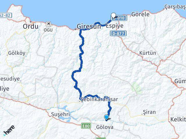 Giresun Çamoluk Tirebolu Arası Kaç Km - Yol Haritası