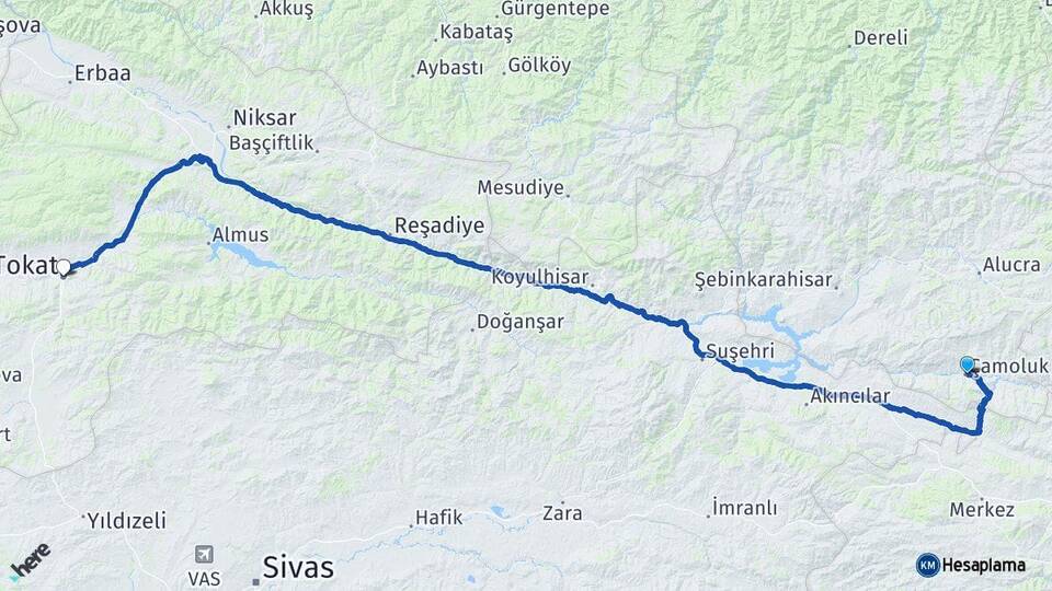 Giresun Çamoluk Tokat Arası Kaç Km - Yol Haritası