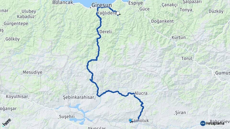 Giresun Çamoluk Yağlıdere Arası Kaç Km - Yol Haritası
