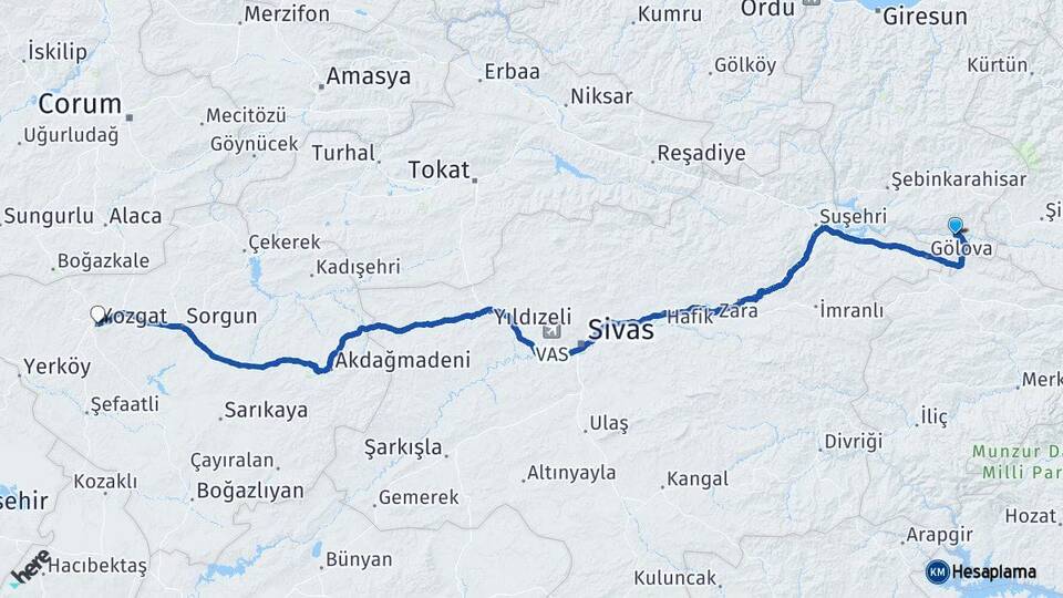 Giresun Çamoluk Yozgat Arası Kaç Km - Yol Haritası