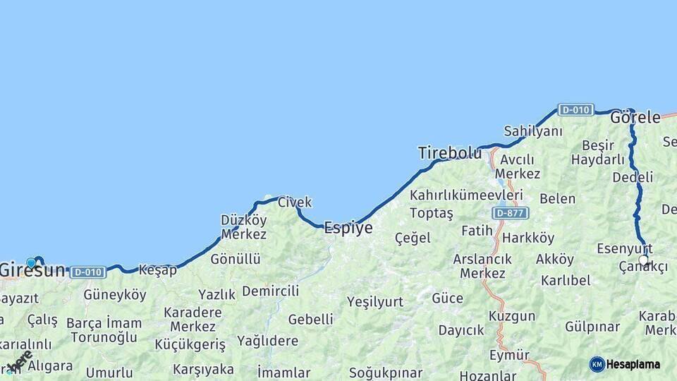 Giresun Çanakçı Arası Kaç Km - Yol Haritası