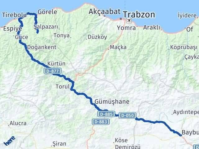 Giresun Çanakçı Bayburt Arası Kaç Km - Yol Haritası