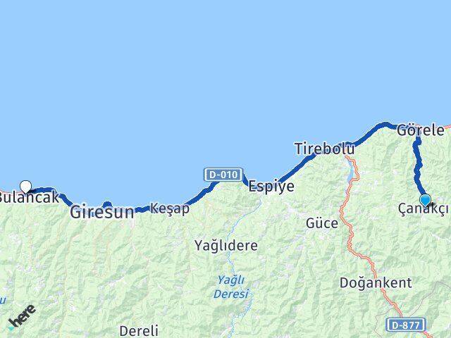Giresun Çanakçı Bulancak Arası Kaç Km - Yol Haritası