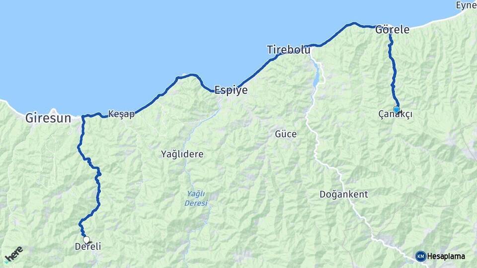 Giresun Çanakçı Dereli Arası Kaç Km - Yol Haritası