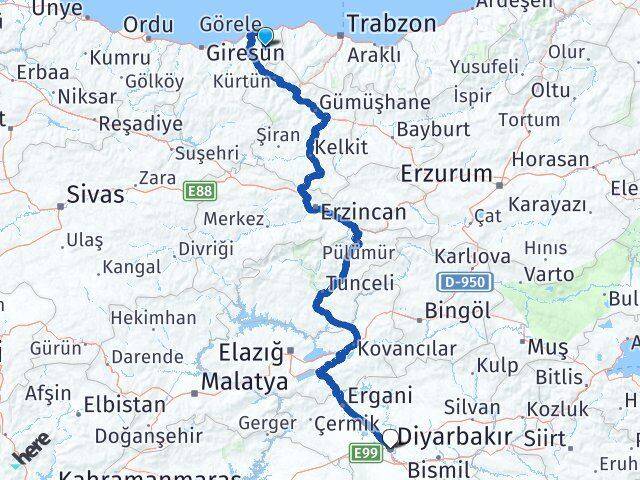 Giresun Çanakçı Diyarbakır Arası Kaç Km - Yol Haritası