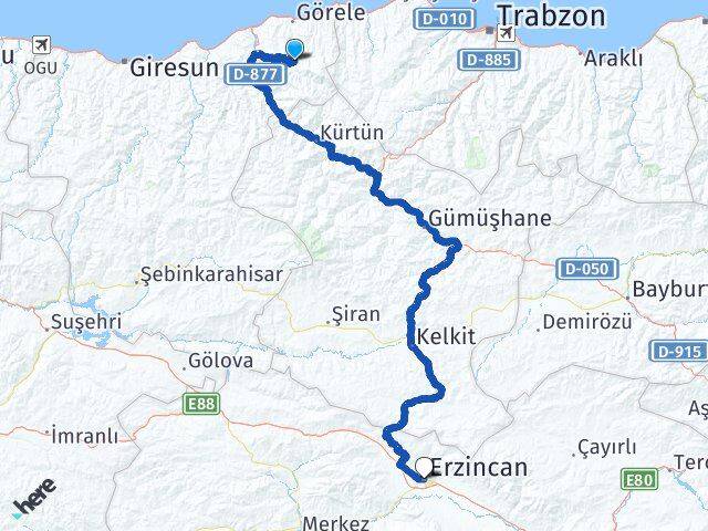 Giresun Çanakçı Erzincan Arası Kaç Km - Yol Haritası