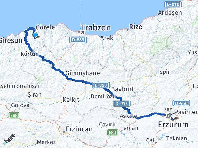 Giresun Çanakçı Erzurum Arası Kaç Km - Yol Haritası