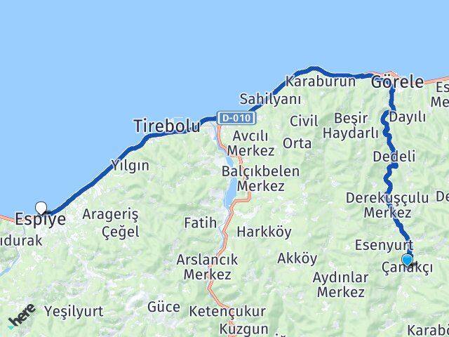 Giresun Çanakçı Espiye Arası Kaç Km - Yol Haritası
