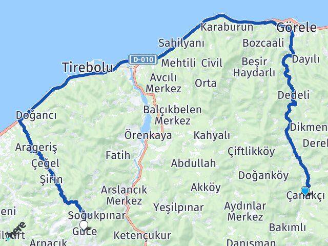 Giresun Çanakçı Güce Arası Kaç Km - Yol Haritası