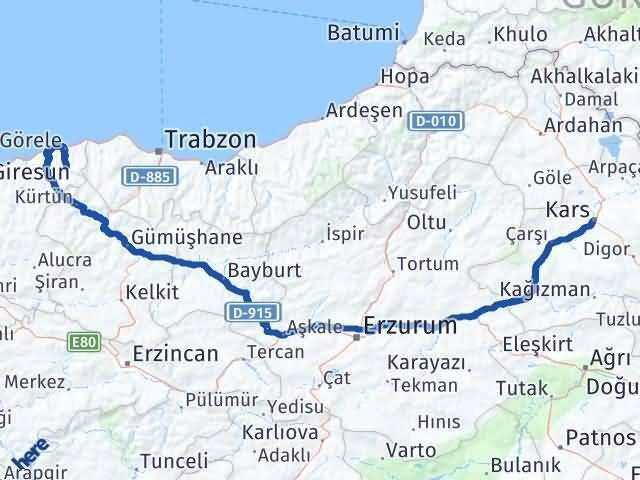 Giresun Çanakçı Kars Arası Kaç Km - Yol Haritası
