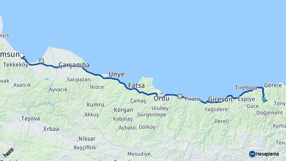 Giresun Çanakçı Samsun Arası Kaç Km - Yol Haritası