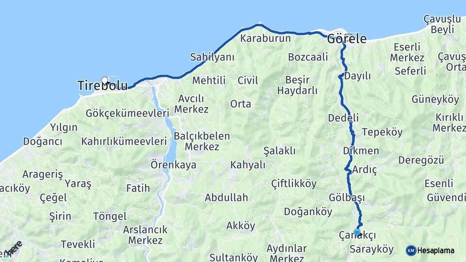 Giresun Çanakçı Tirebolu Arası Kaç Km - Yol Haritası