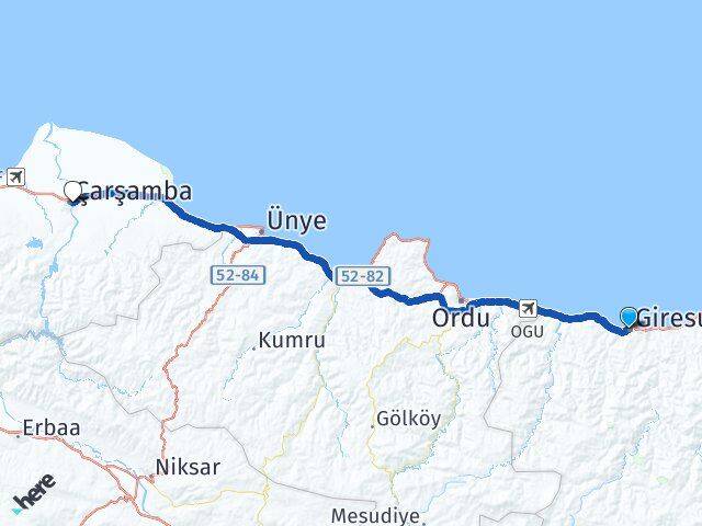 Giresun Çarşamba Samsun Arası Kaç Km - Yol Haritası