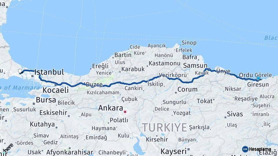 Giresun Çatalca İstanbul Arası Kaç Km - Yol Haritası
