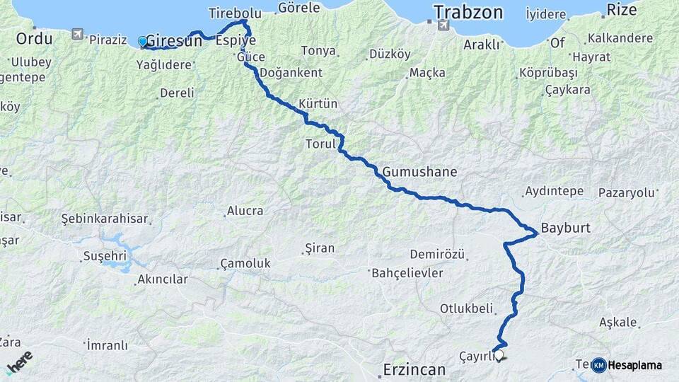 Giresun Çayırlı Erzincan Arası Kaç Km - Yol Haritası