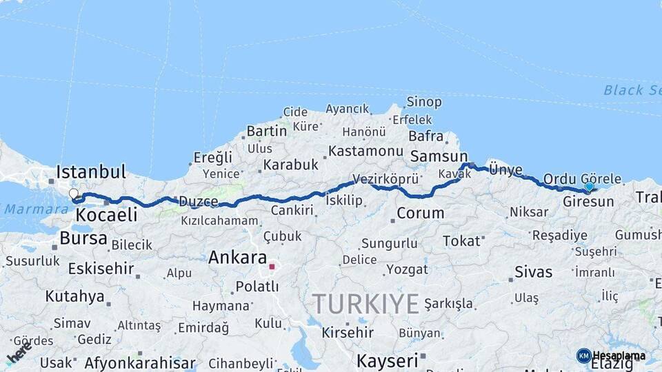 Giresun Çayırova Kocaeli Arası Kaç Km - Yol Haritası