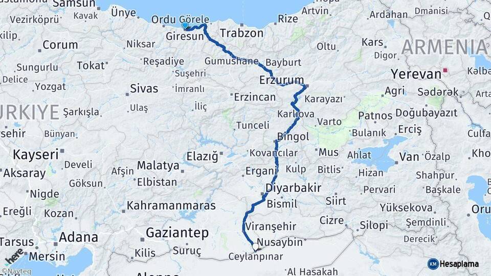 Giresun Ceylanpınar Şanlıurfa Arası Kaç Km - Yol Haritası