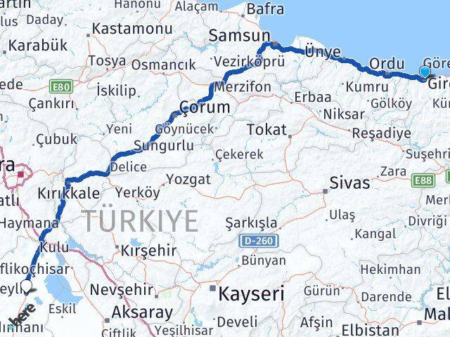 Giresun Cihanbeyli Konya Arası Kaç Km - Yol Haritası